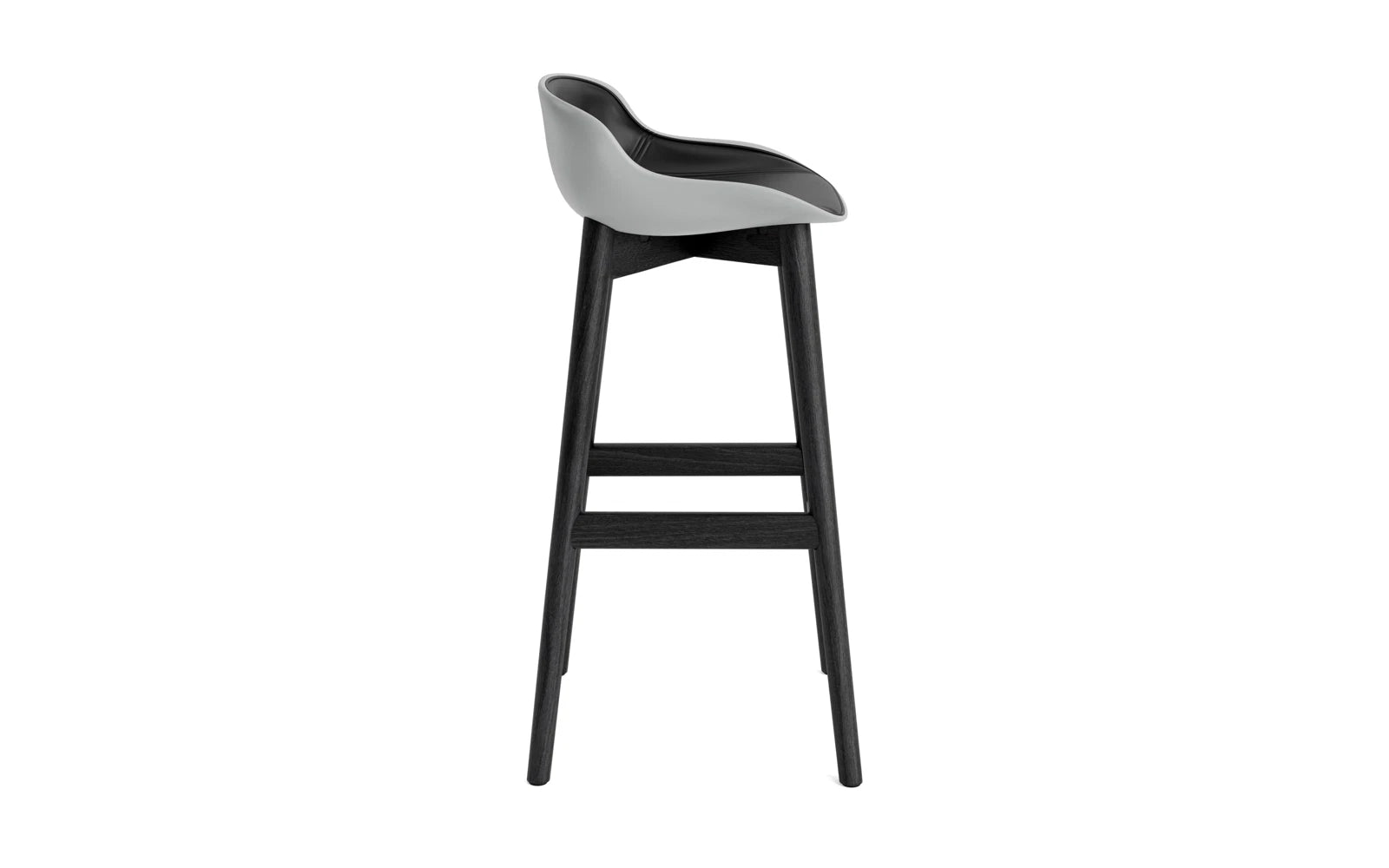 Eleganter Hyg Barhocker von Normann Copenhagen, 75 cm hoch, aus schwarzer Eiche mit grauem Polster für modernes Ambiente und hohen Sitzkomfort.
