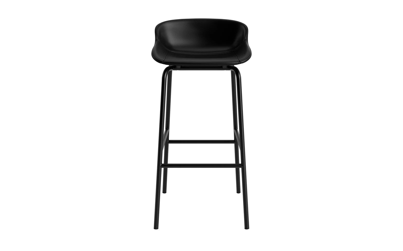 Erleben Sie den eleganten Hyg Barhocker von Normann Copenhagen: 75 cm hoch, gepolstert mit hochwertigem Ultra-Leder und robuster Stahlbasis in Schwarz.