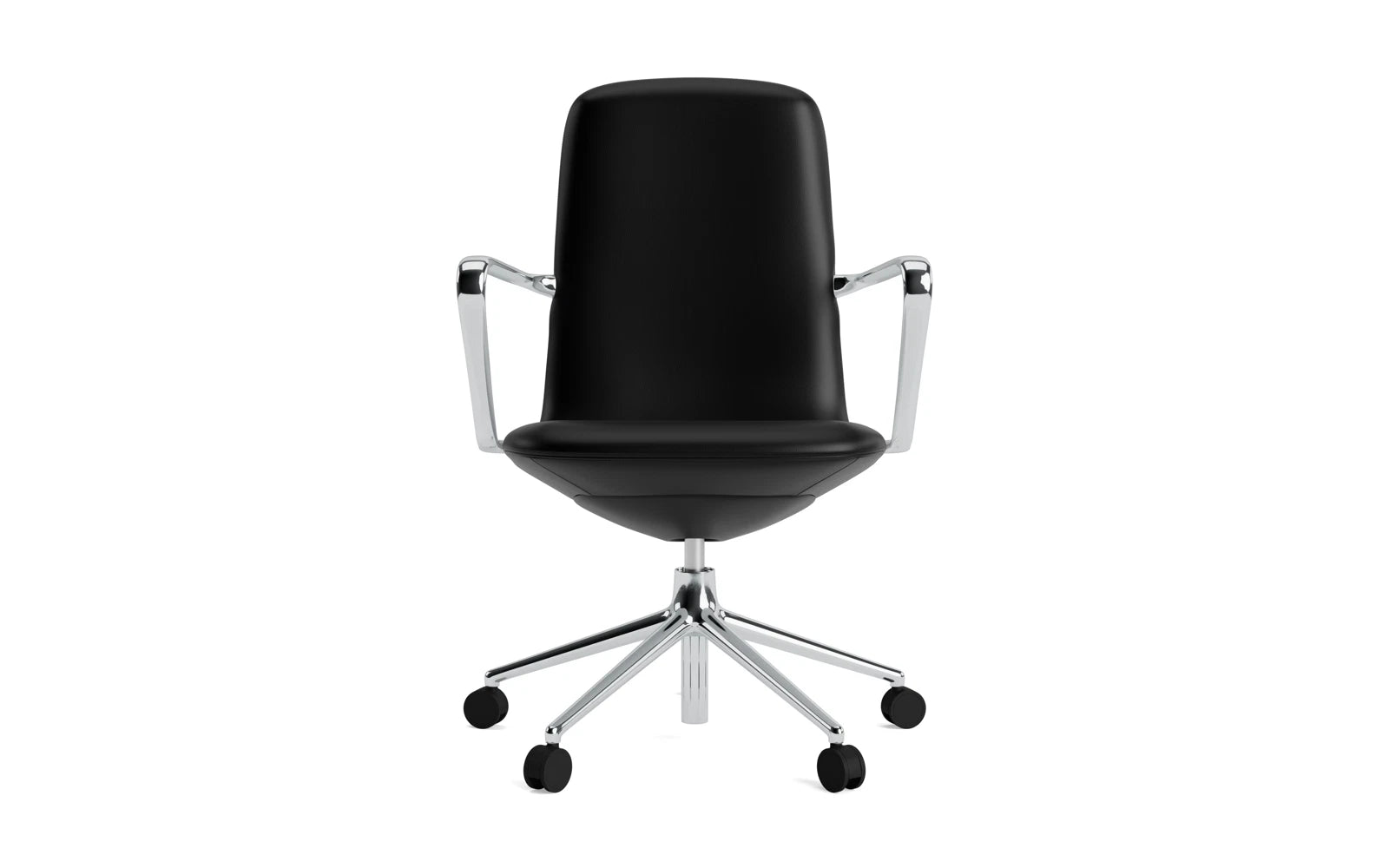 Eleganter Off Armchair mit niedrigem Profil, drehbar und mit Rollen, aus Aluminium gefertigt, perfekt für moderne Arbeitsumgebungen.