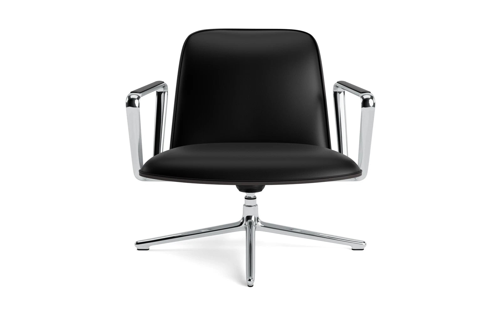 Eleganter Pad Lounge-Sessel in Schwarz mit Aluminium-Drehgestell und Kippfunktion, ideal für modernes Wohndesign von Normann Copenhagen.