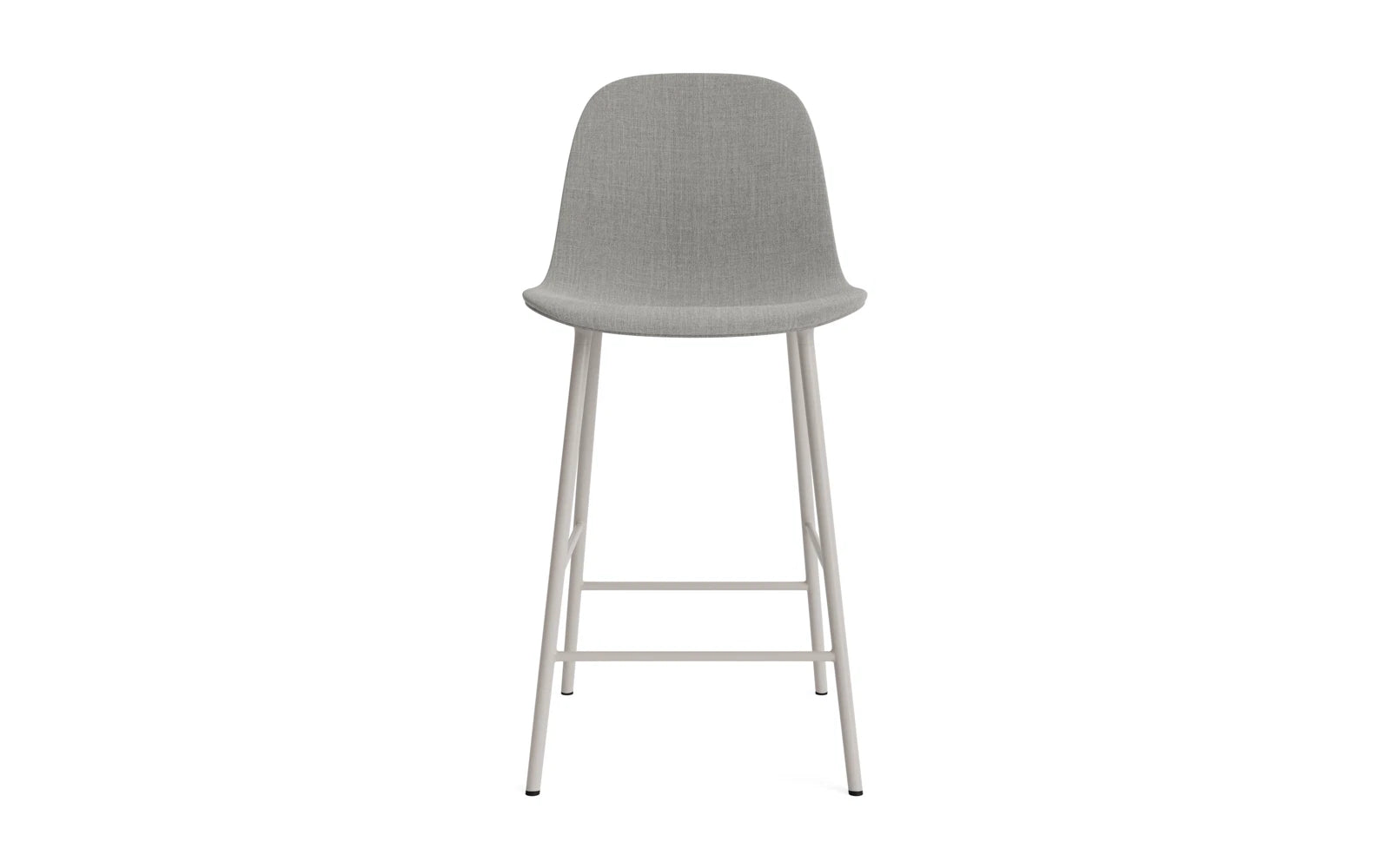 Entdecken Sie den stilvollen Form Barstuhl in warmem Grau, gepolstert und aus robustem Stahl, ideal für moderne Bars und Essbereiche.