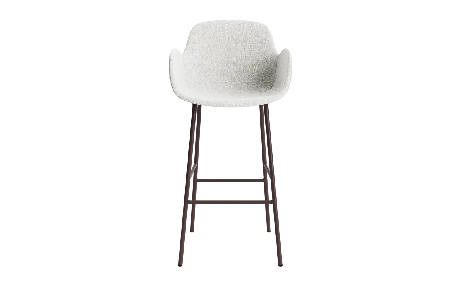 Entdecken Sie den eleganten Form Barstuhl mit Armlehne von Normann Copenhagen. Mit 75 cm Sitzhöhe und luxuriöser brauner Polsterung vereint er modernes Design und Komfort.