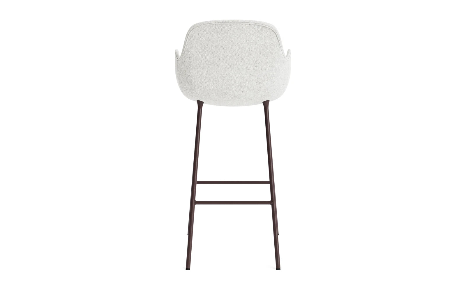 Entdecken Sie den Form Barstuhl mit Armlehne von Normann Copenhagen. Mit 75 cm Sitzhöhe und luxuriöser brauner Polsterung vereint er modernes Design und höchsten Komfort.
