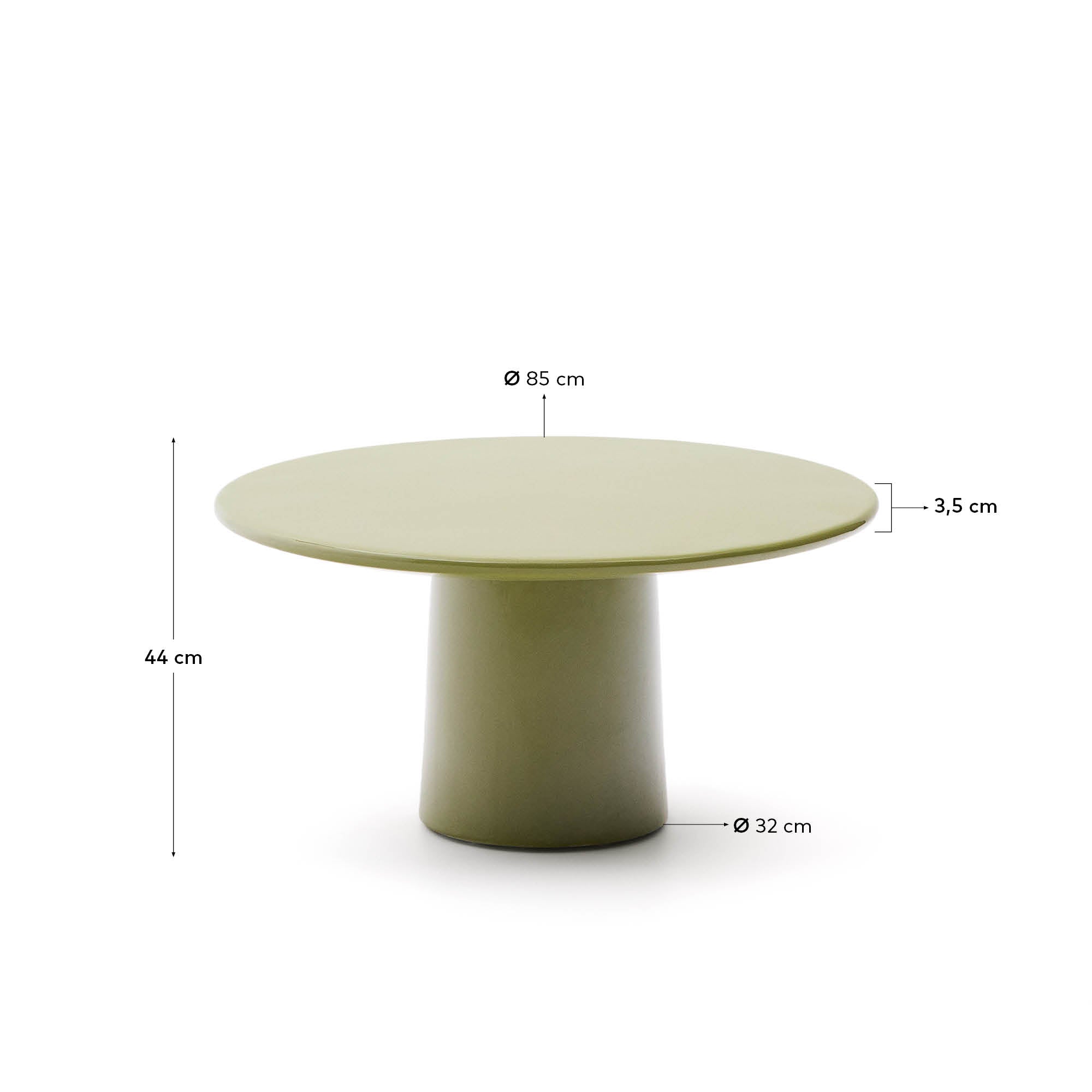 Der Albanella Couchtisch aus robustem Zement mit strahlend grünem Finish (Ø 85 cm) ist ideal für stilvolle Outdoor-Setups und pflegeleicht.