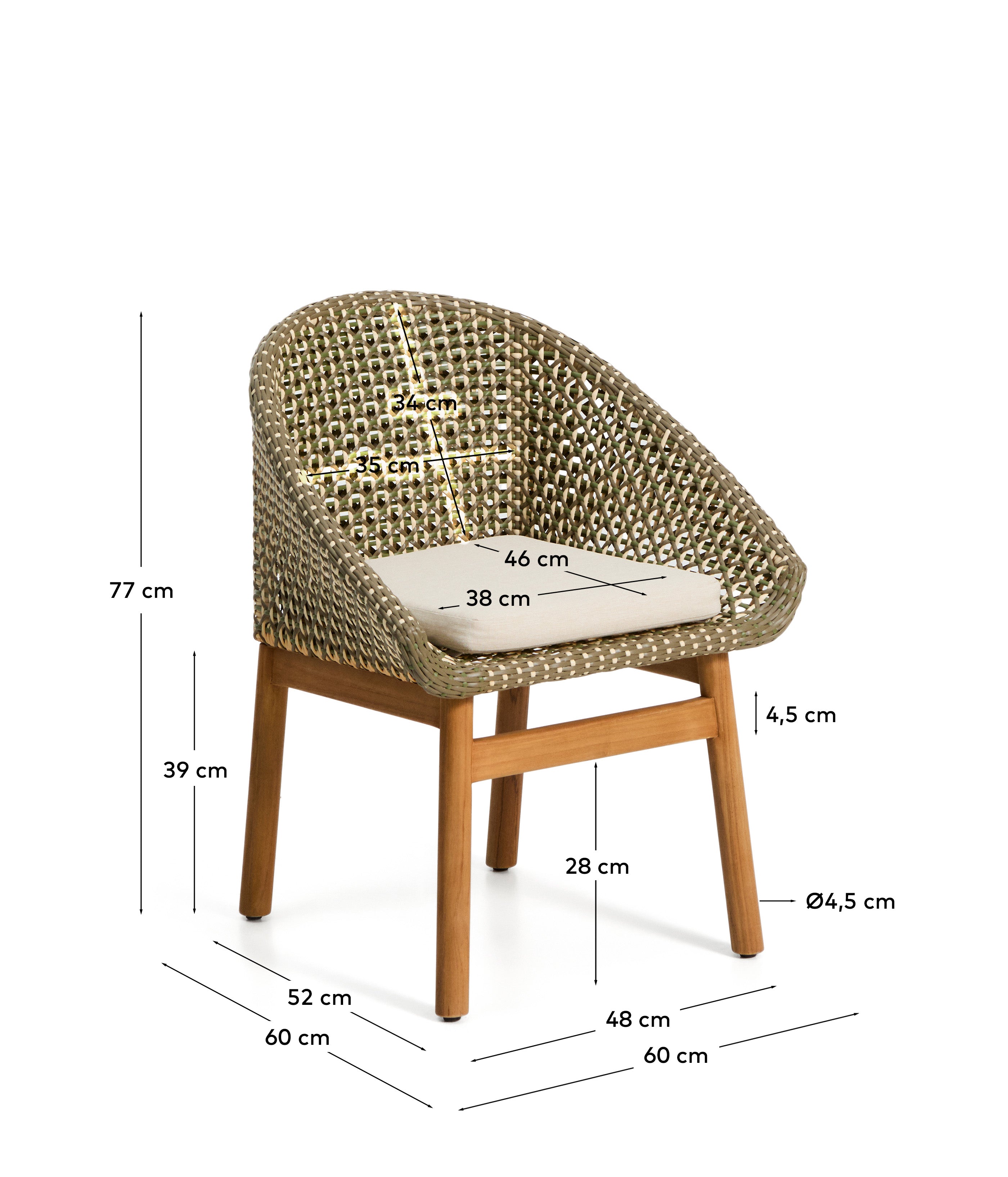 Eleganter Gartenstuhl Olbia in Dunkelgrün, aus robustem Teakholz und pflegeleichtem synthetischem Rattan, ideal für entspannte Stunden im Freien.