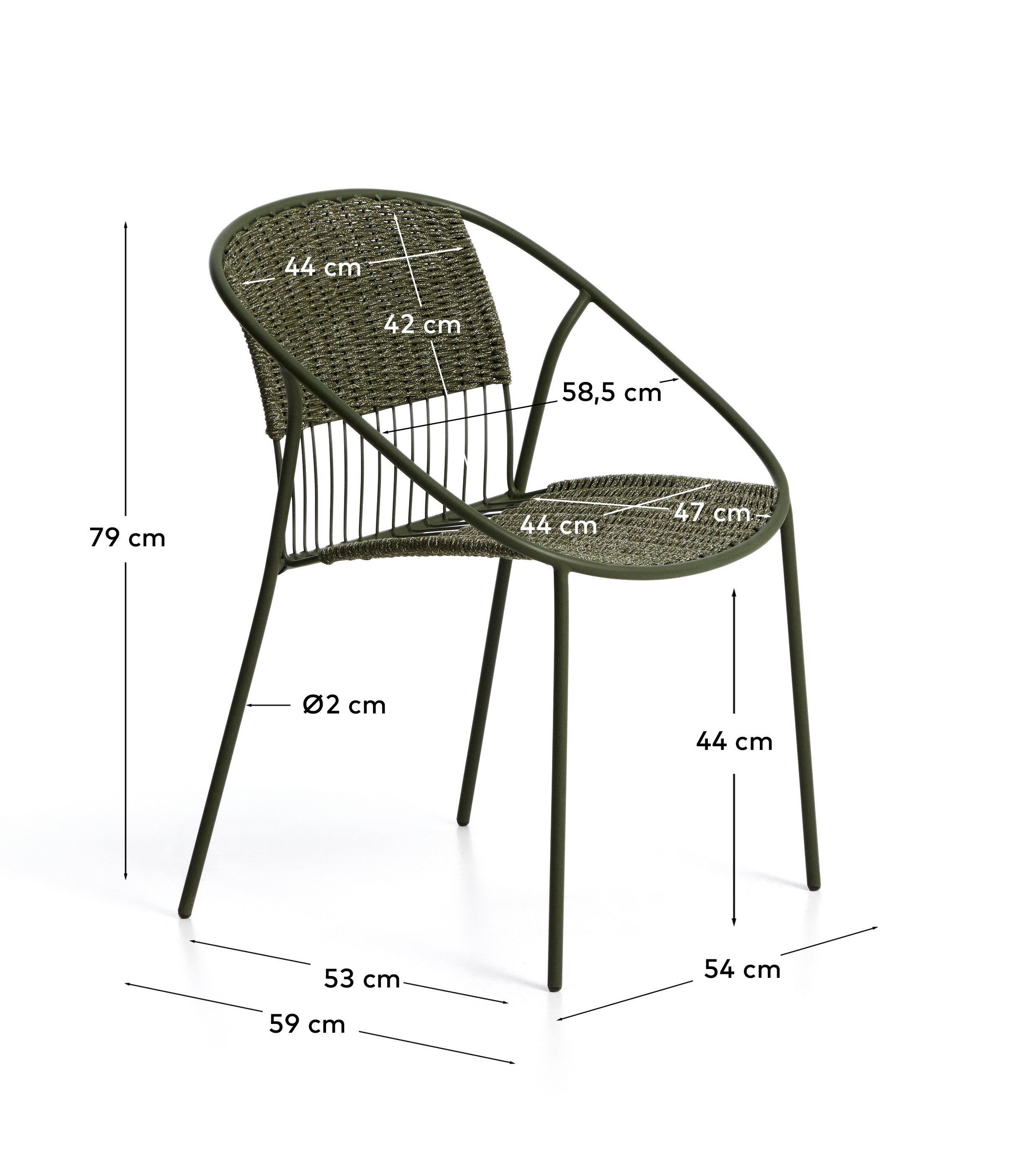 Stapelbarer Gartenstuhl Atrani aus langlebigem verzinktem Stahl und grünem Seil, perfekt für entspannte Stunden im Freien.