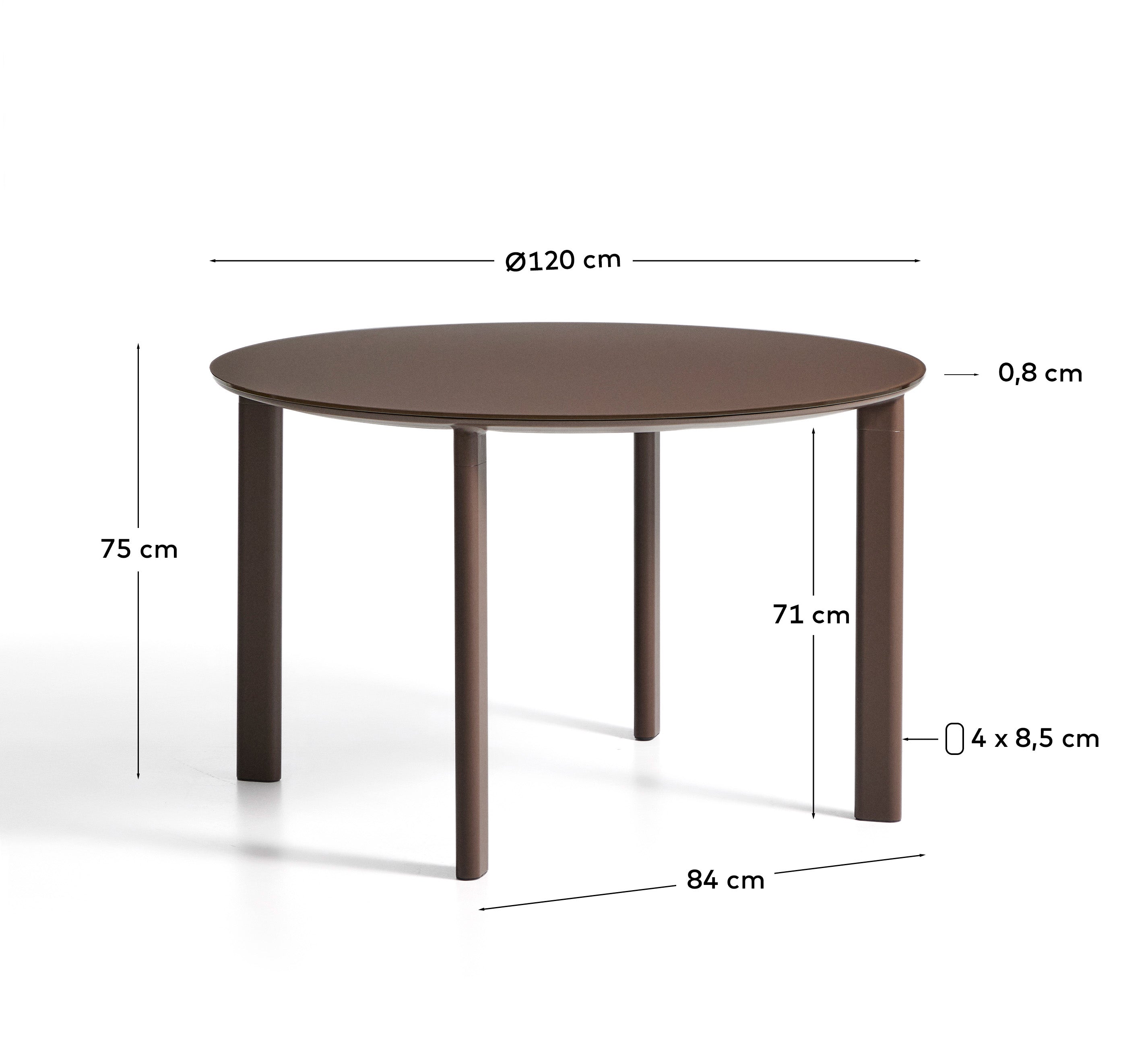 Moderner runder Tisch Erice aus langlebigem Aluminium und bruchsicherem Glas in warmem Braun, Ø120 cm, perfekt für Garten und Terrasse.