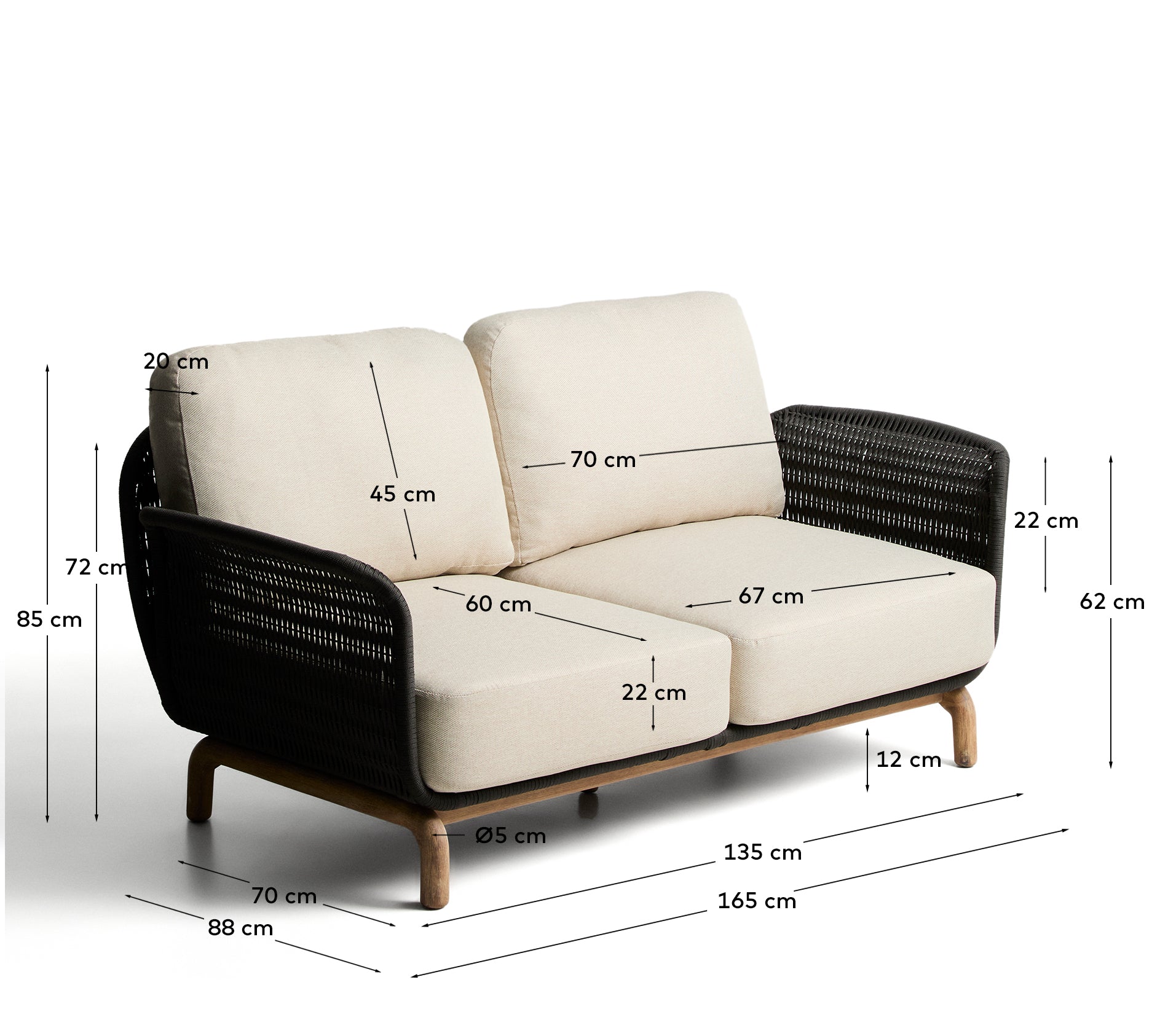 Modernes 2-Sitzer-Sofa Alipa, gefertigt aus solidem Akazienholz und edlem dunkelgrauem Seil, perfekt für gemütliche Wohnräume.