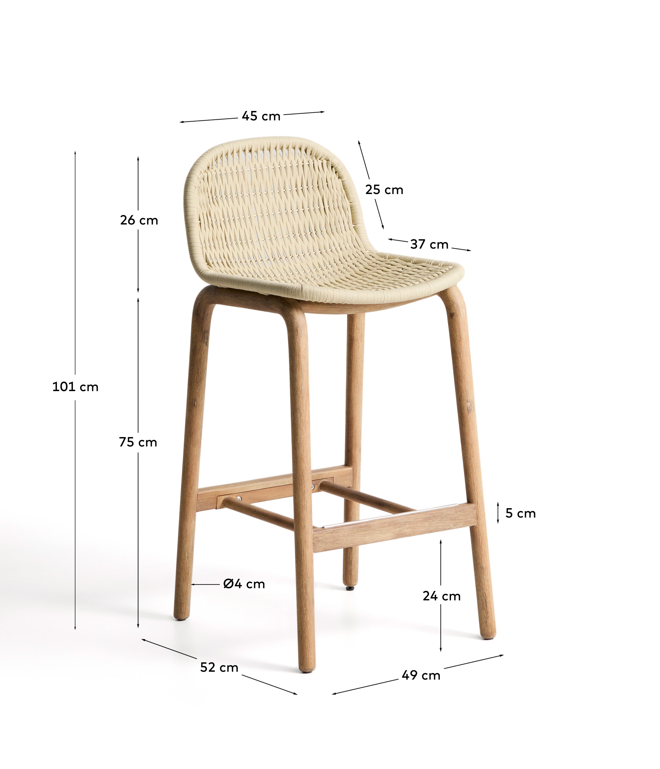 Eleganter Hocker Alipa aus robustem Akazienholz und stilvollem ecrufarbenem Seil, ideal für den Außenbereich, umweltfreundlich und FSC-zertifiziert.