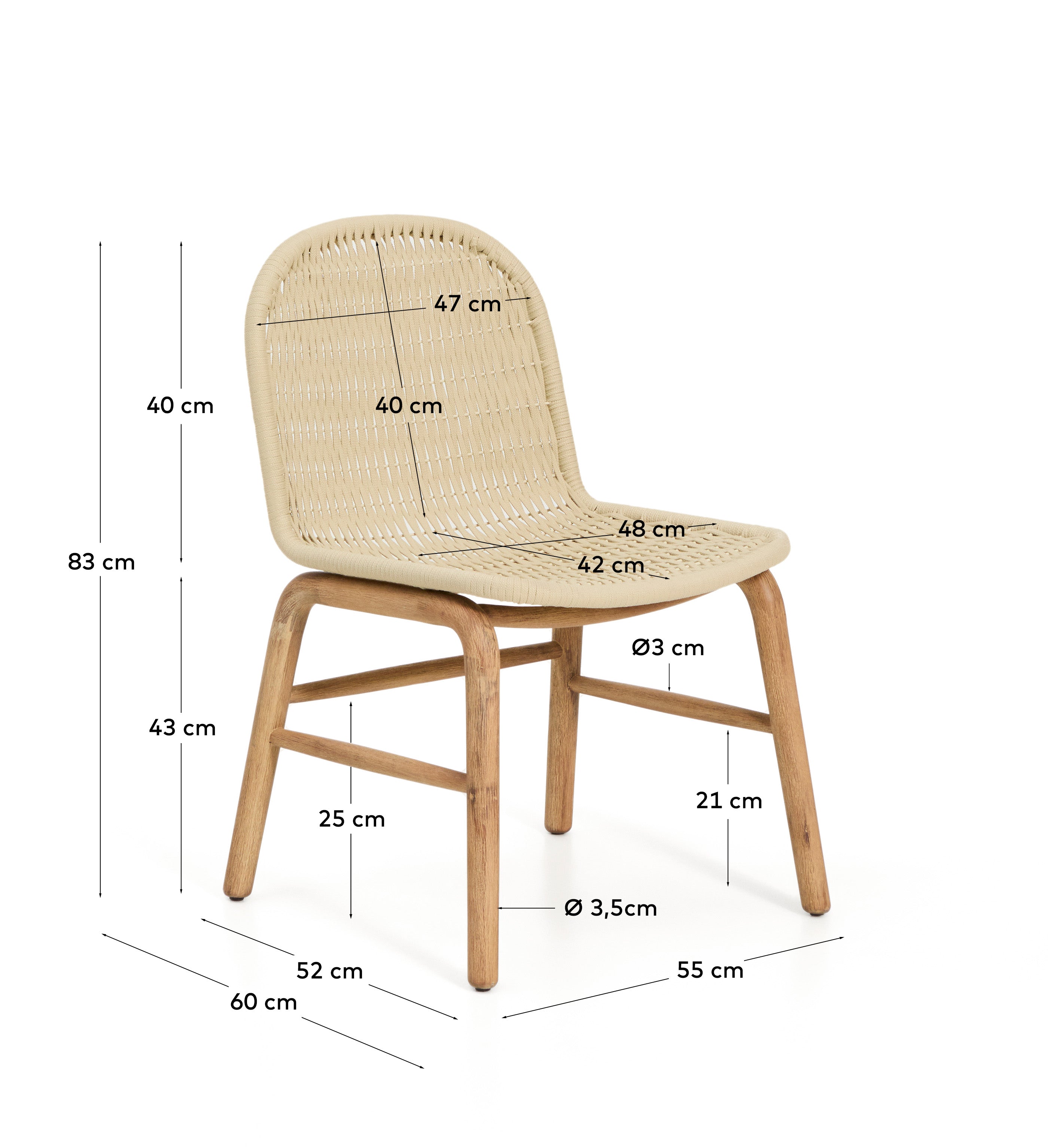 Stuhl Alipa aus massivem Akazienholz mit ecrufarbenem Seil, FSC-zertifiziert, perfekt für stilvolle Gartenmöbel und gemütliche Outdoor-Entspannung.