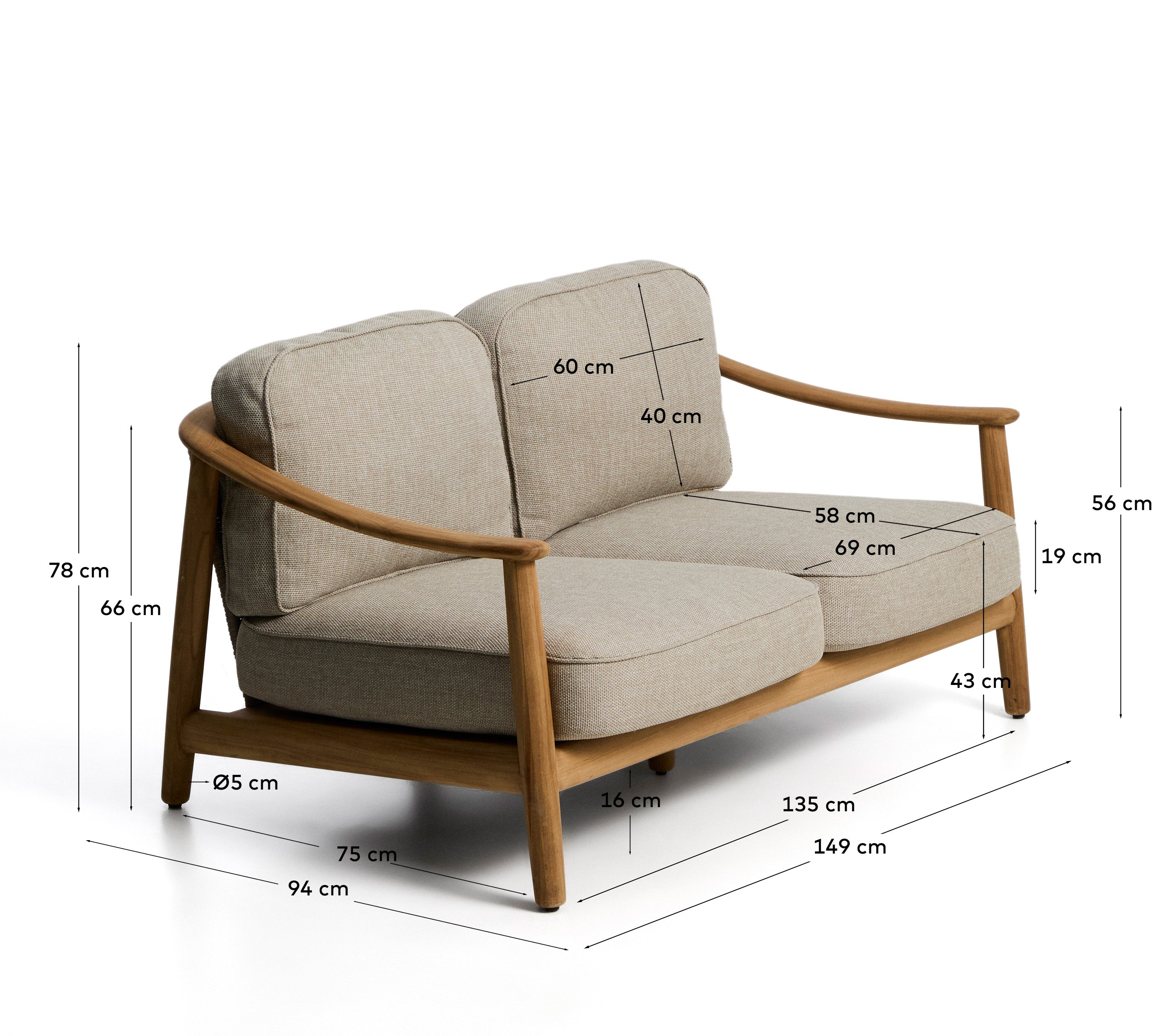 Elegantes 2-Sitzer Outdoor-Sofa Elunda aus hochwertigem Teakholz, FSC-zertifiziert, ideal für stilvolle Garten- und Terrassengestaltung.