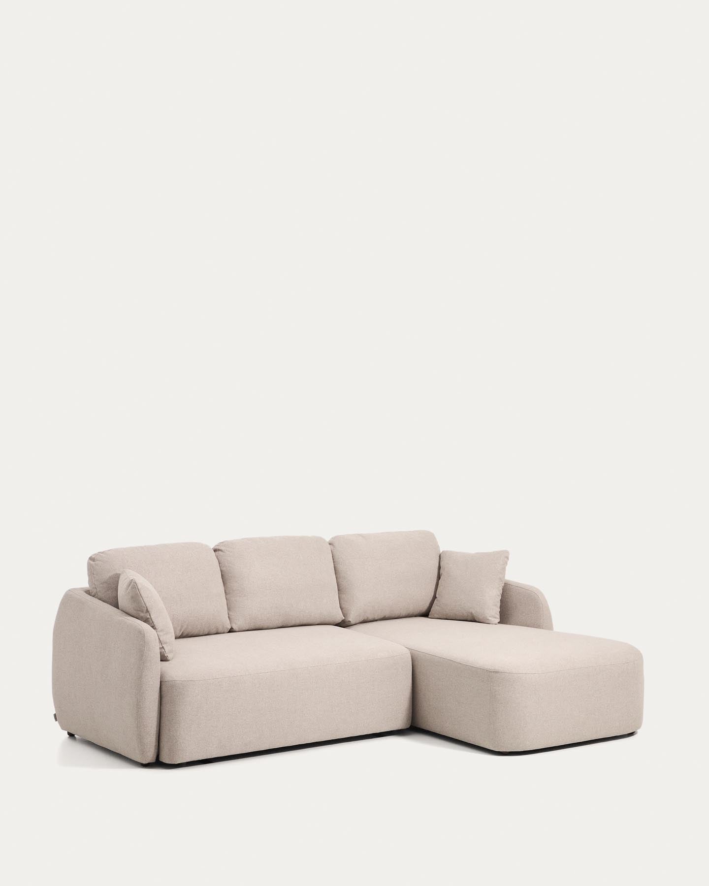 Bequemes 3-Sitzer-Bettsofa Laira in beigem Chenille mit rechter Chaiselongue, ideal für moderne Wohnkonzepte und gemütliche Stunden.