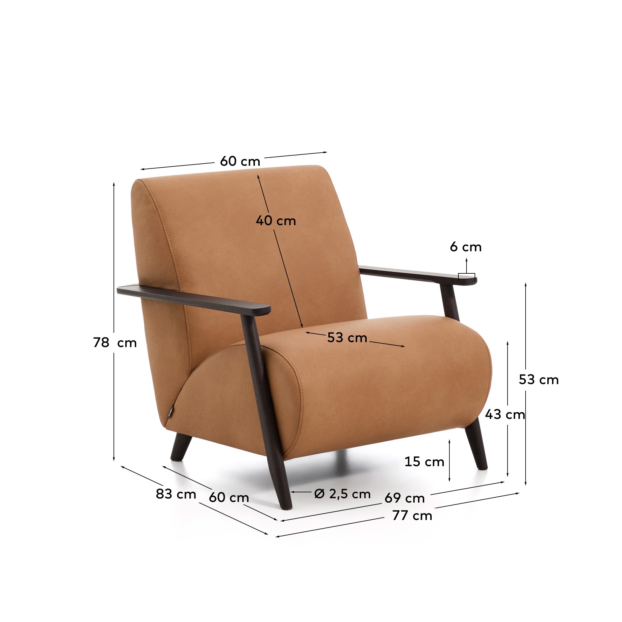 Eleganter Sessel Meghan aus braunem Leder und robustem Eschenholz mit Wenge-Finish, ideal für stilvolle Wohnräume.