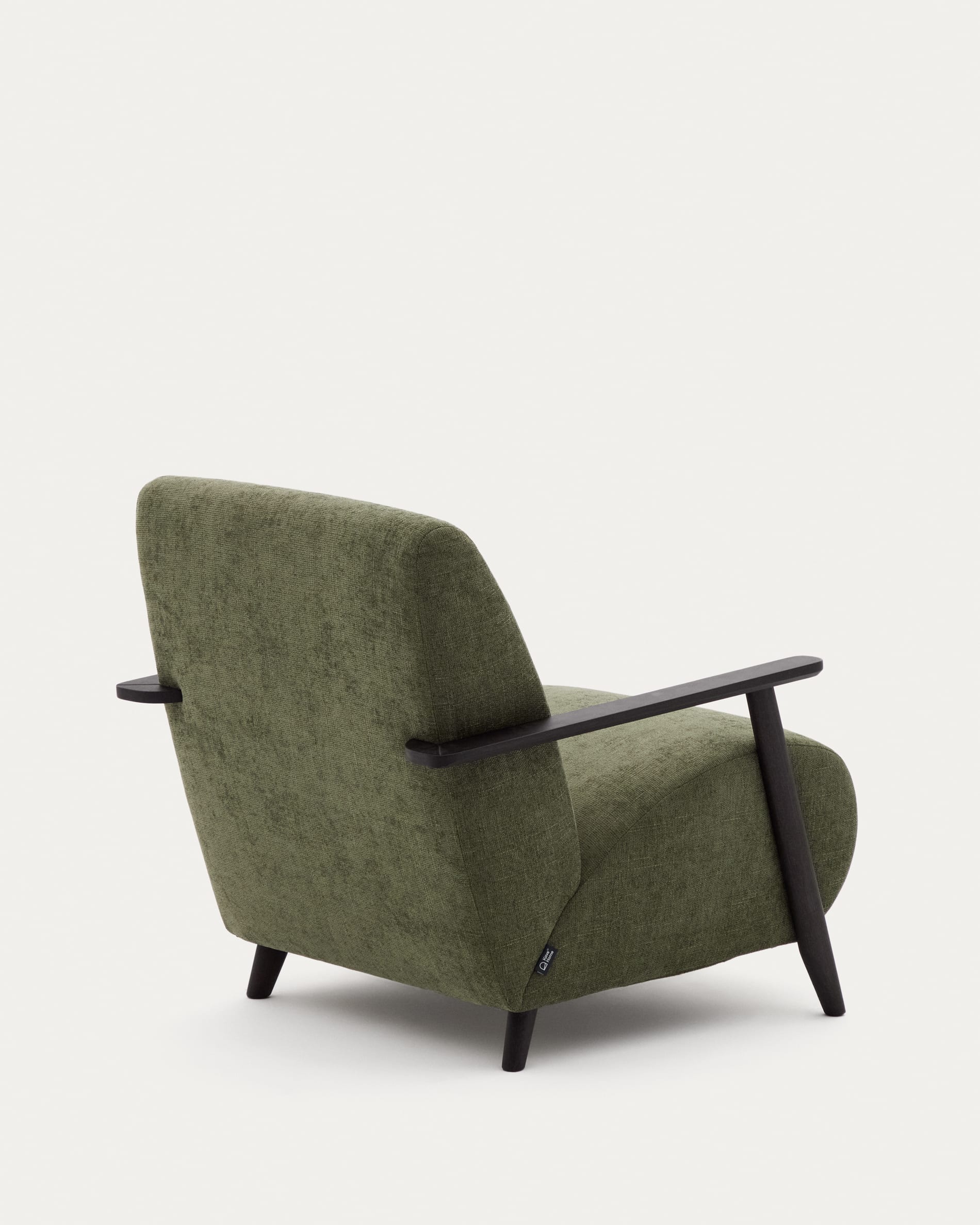 Eleganter Sessel Meghan aus grünem Chenille, massivem Eschenholz mit Wenge-Finish, FSC-zertifiziert, stilvoll und bequem.