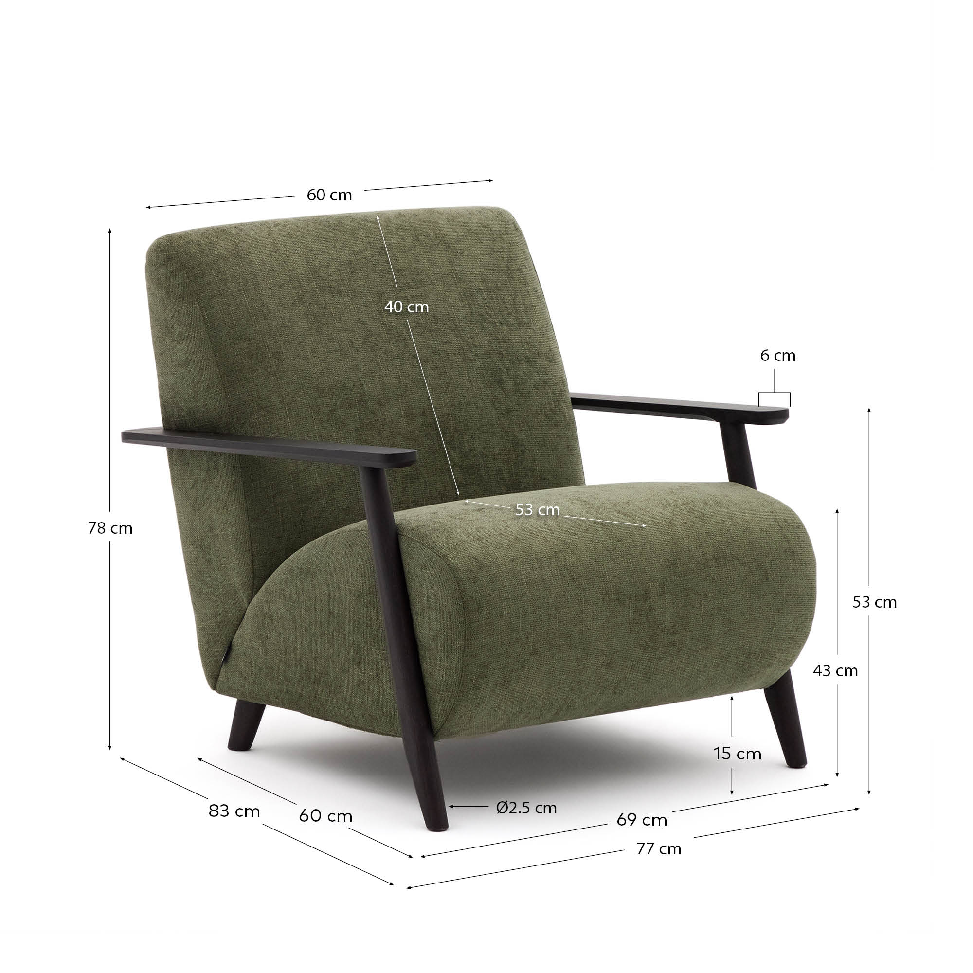 Eleganter Sessel Meghan in sattem Grün aus hochwertigem Chenille, kombiniert mit stabiler Eschenholzstruktur und stilvollem Wenge-Finish. Perfekt für Ihr Zuhause.