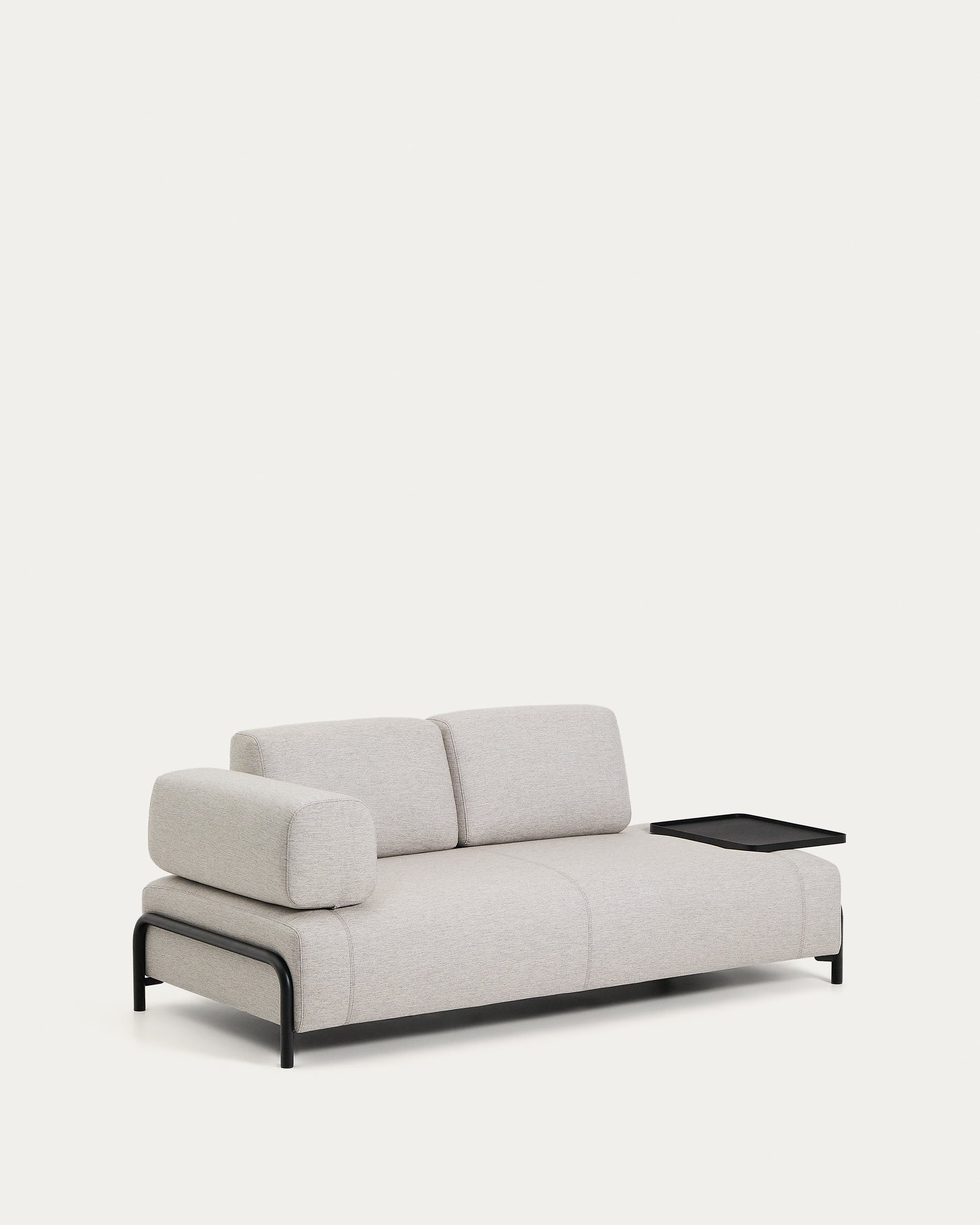 Elegantes 2-Sitzer-Sofa Compo in Graubeige, ausgestattet mit einem großen Tablett und einem stabilen schwarzen Metallgestell – perfekt für Ihr Zuhause.