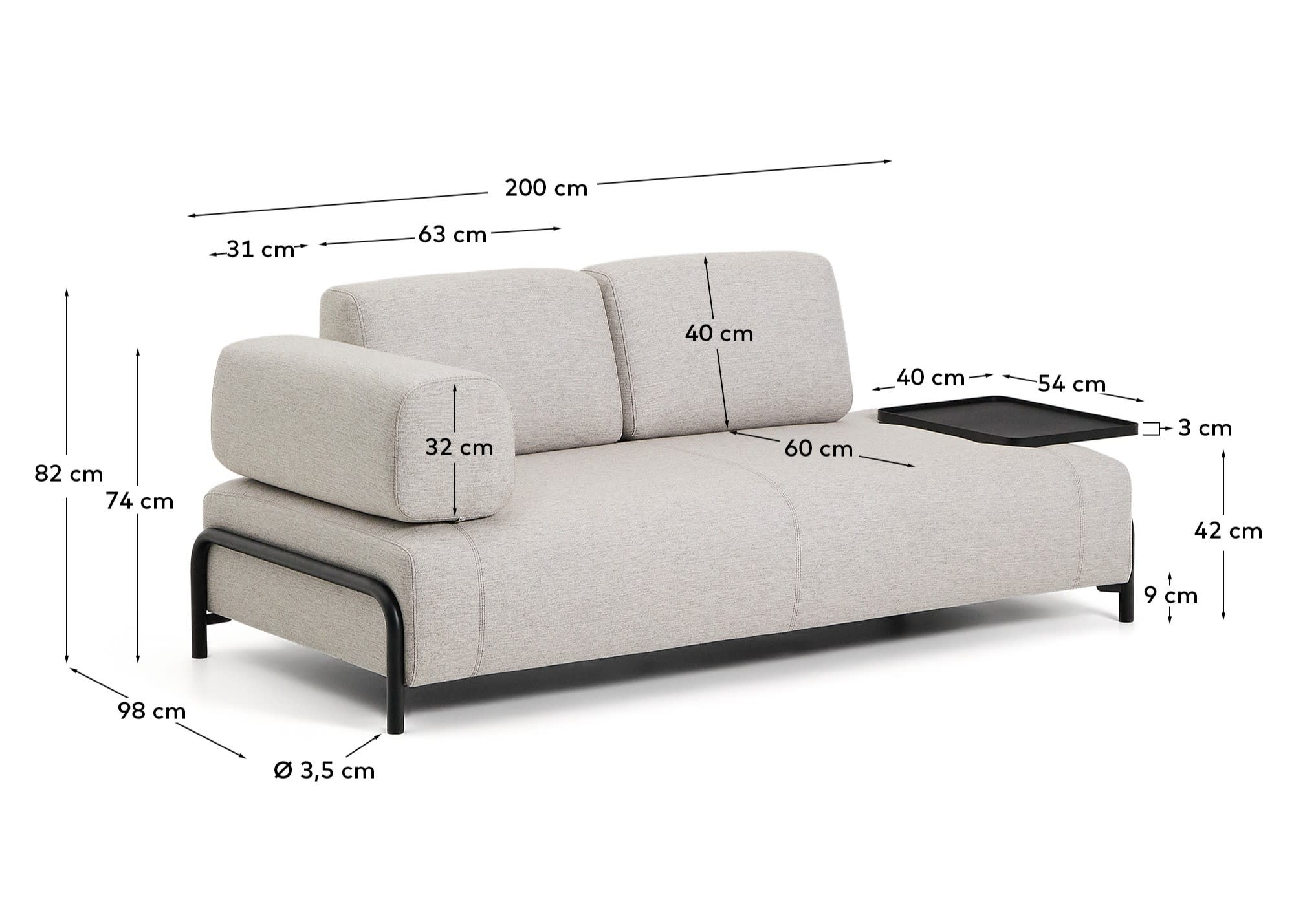 Elegantes 2-Sitzer-Sofa Compo in Graubeige, ausgestattet mit einem großen Tablett und einem stabilen schwarzen Metallgestell – perfekt für stilvolle Einrichtungen.