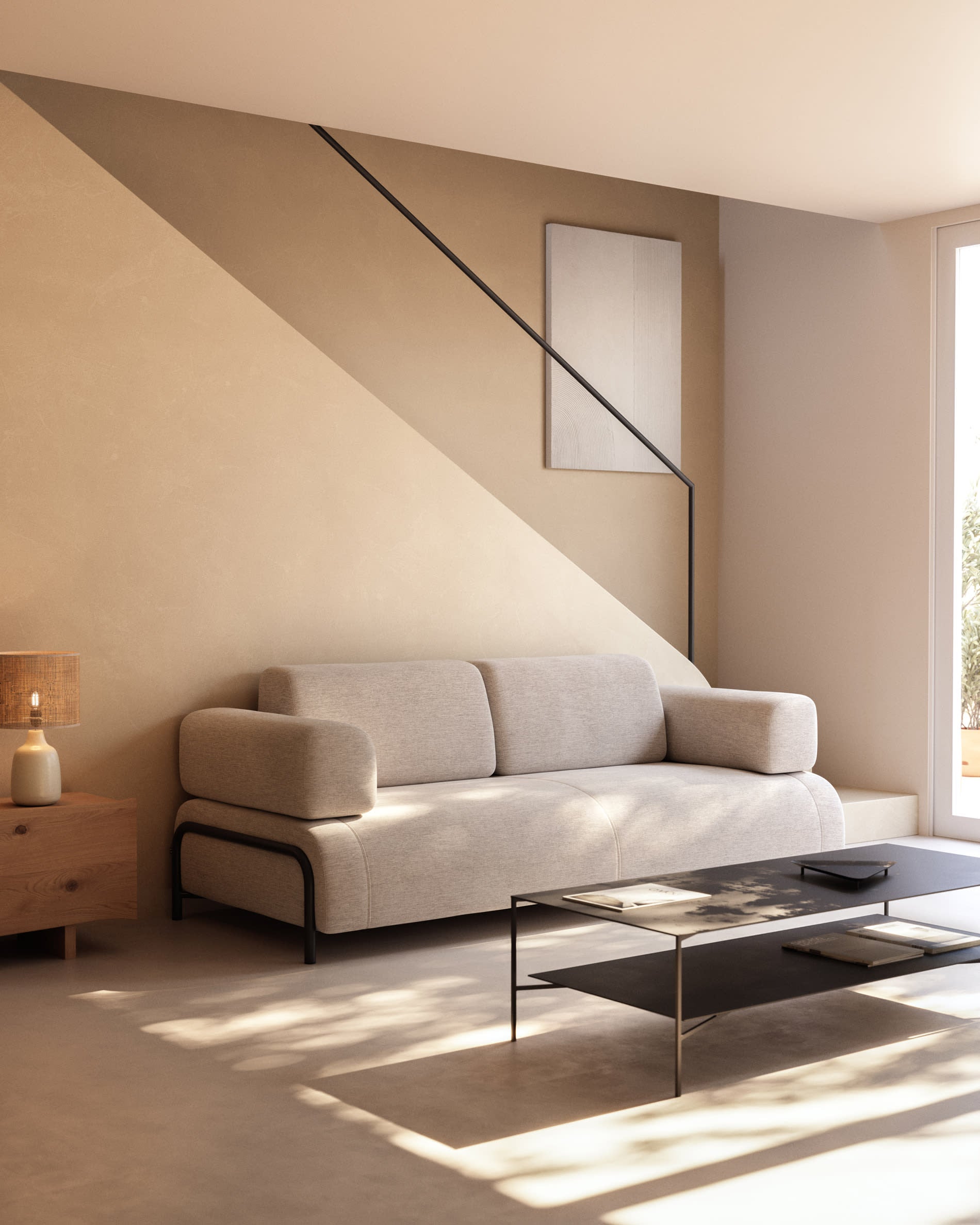 Beige-graues 3-Sitzer Sofa von Kave Home, 232 cm lang, perfekt für moderne Wohnräume und entspannte Stunden.