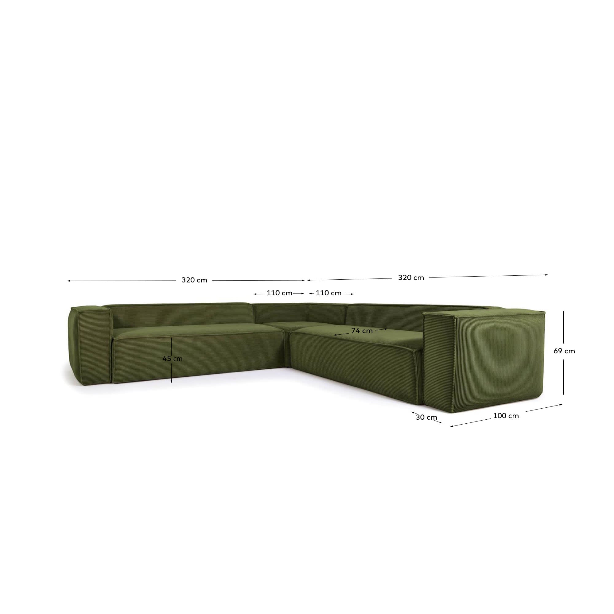 Geräumiges 6-Sitzer-Ecksofa Blok in grünem Cord, 320 x 320 cm, FSC-zertifiziert, perfekt für gesellige Runden und stilvolle Wohnräume.