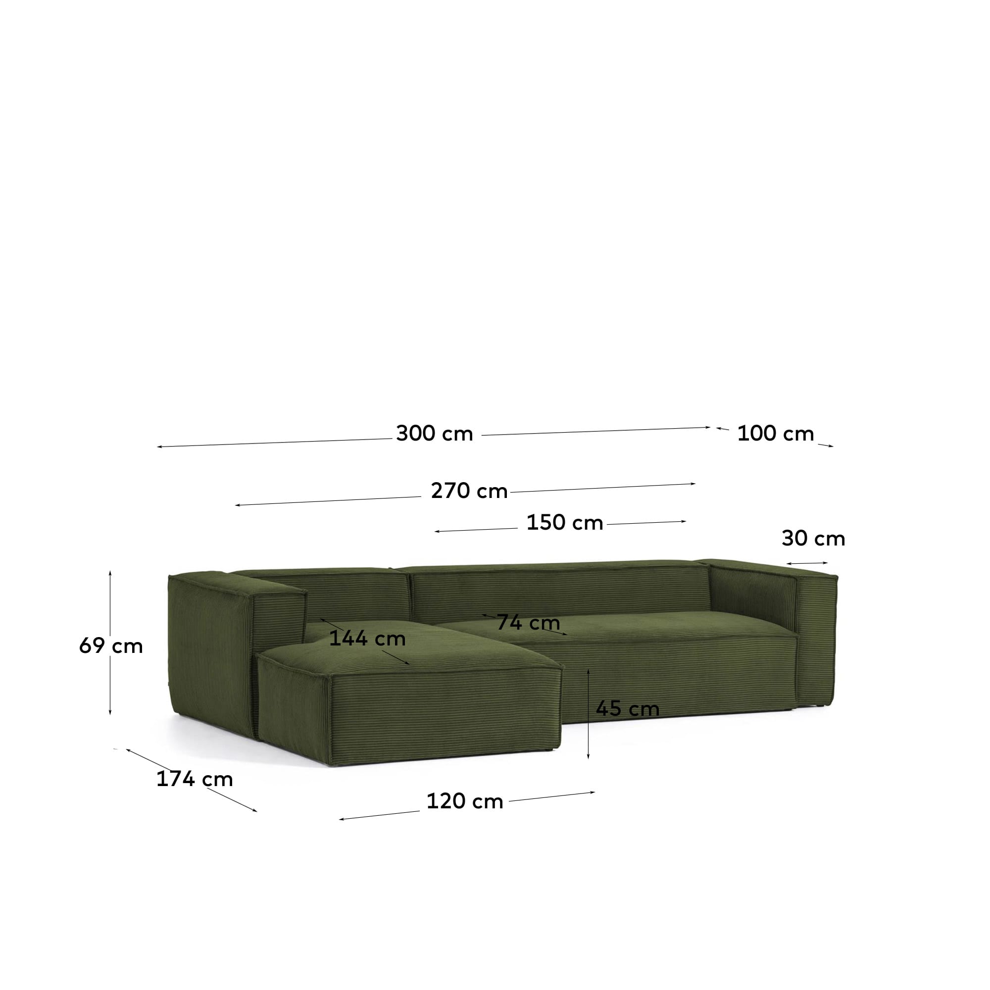 Gemütliches 3-Sitzer-Sofa Blok in grünem Cord mit linker Chaiselongue, perfekt für moderne Wohnzimmer und entspannende Momente.