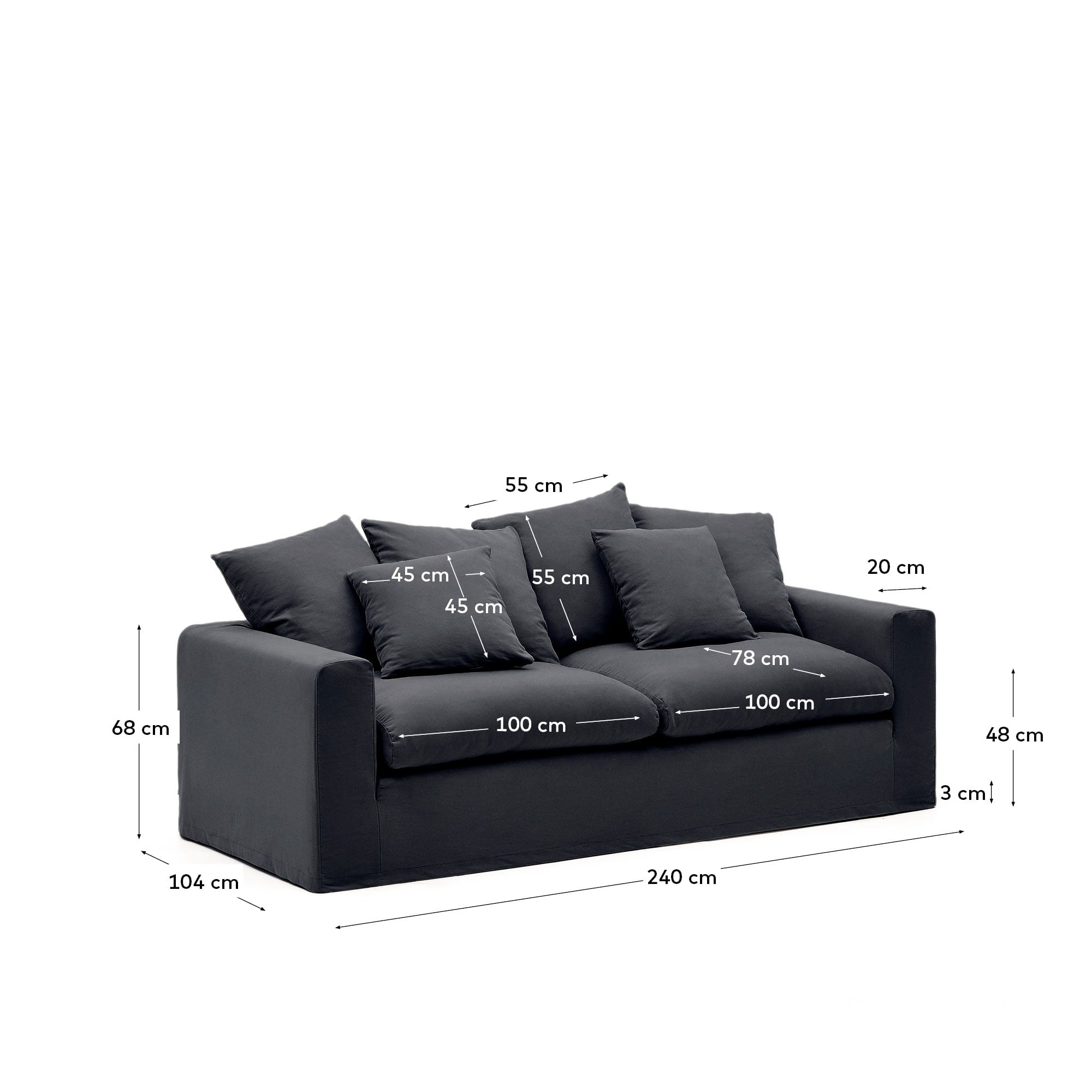 Elegantes 3-Sitzer-Sofa Nora in Anthrazit, gefertigt aus Leinen und Baumwolle, mit abnehmbaren Bezügen und bequemen Kissen.