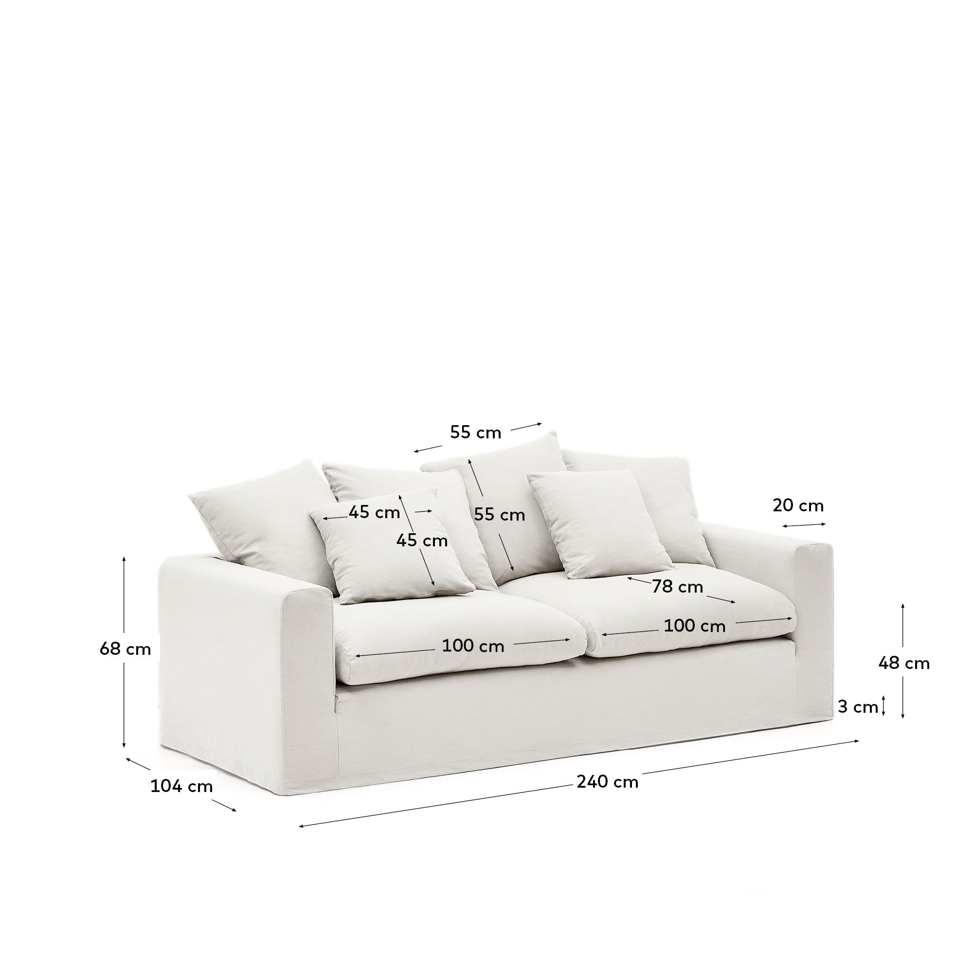 Stilvolles 3-Sitzer-Sofa Nora in sanftem Ecru, mit abnehmbaren Kissen und Bezügen aus hochwertigem Leinen und Baumwolle, perfekt für jedes Zuhause.