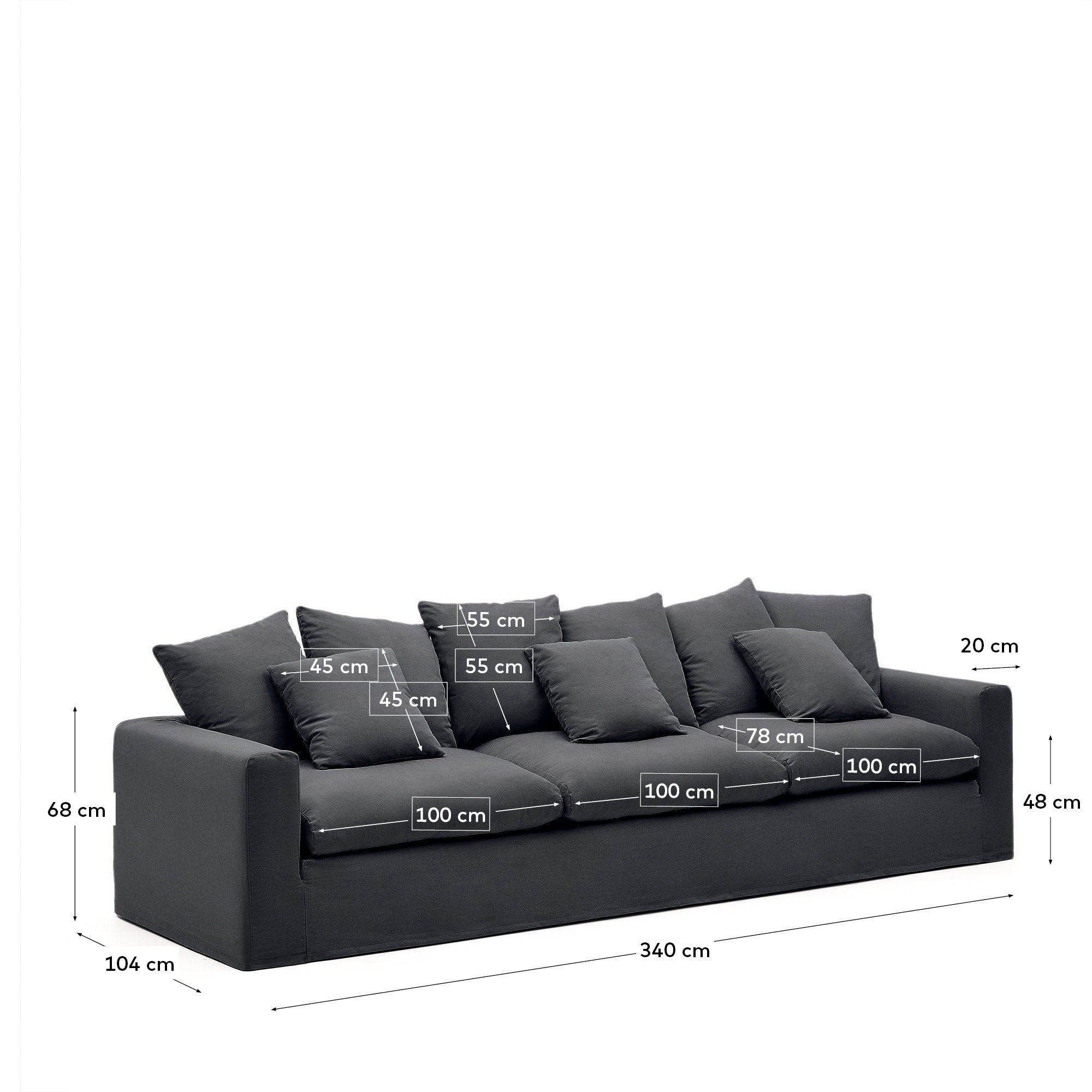 Stylisches 4-Sitzer Sofa Nora in Anthrazit, mit abnehmbarem Bezug und Kissen aus Leinen und Baumwolle für modernen Wohnkomfort.