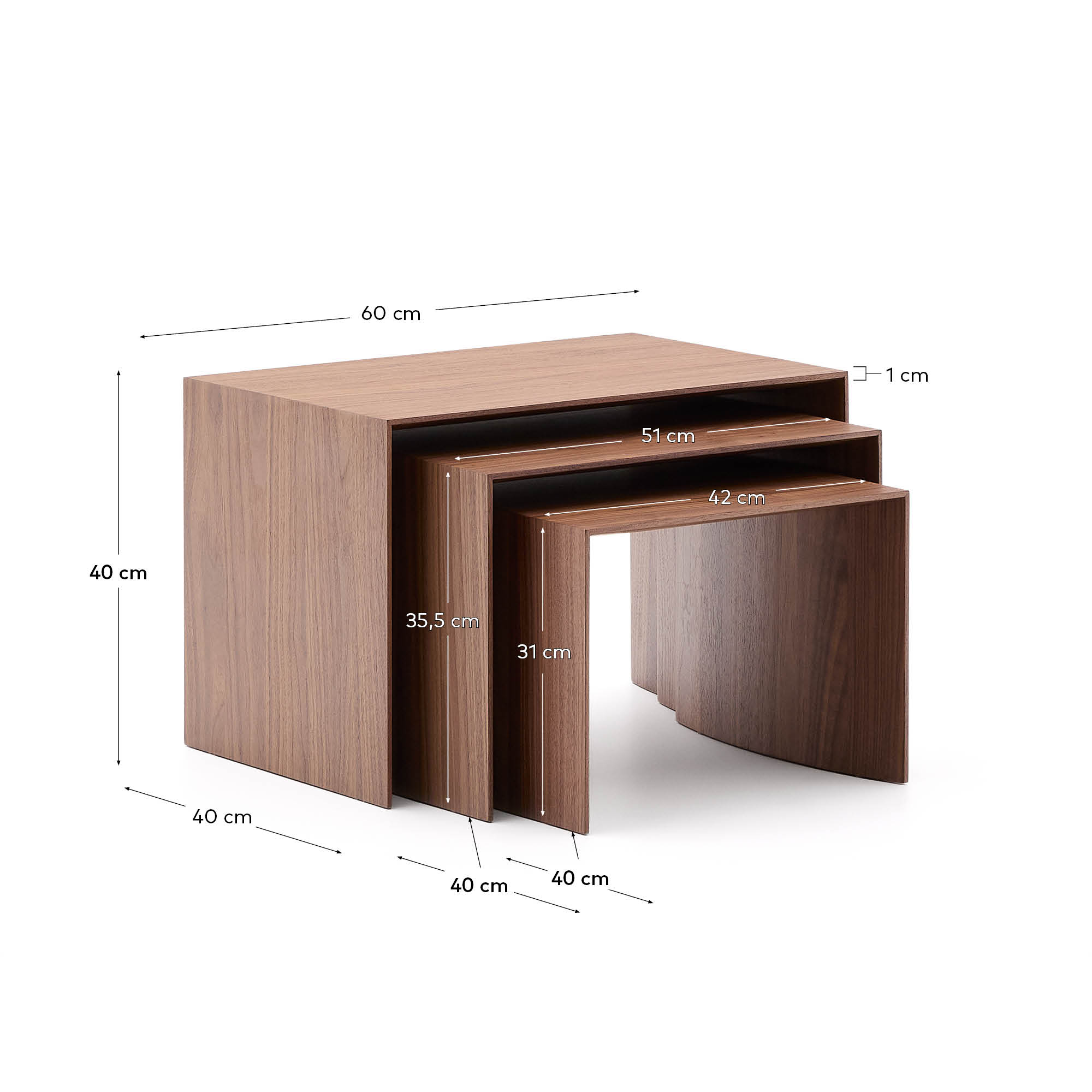 Drei stilvolle Nesttische aus hochwertigem Walnussfurnier, perfekt kombinierbar und vielseitig einsetzbar in jedem modernen Zuhause.