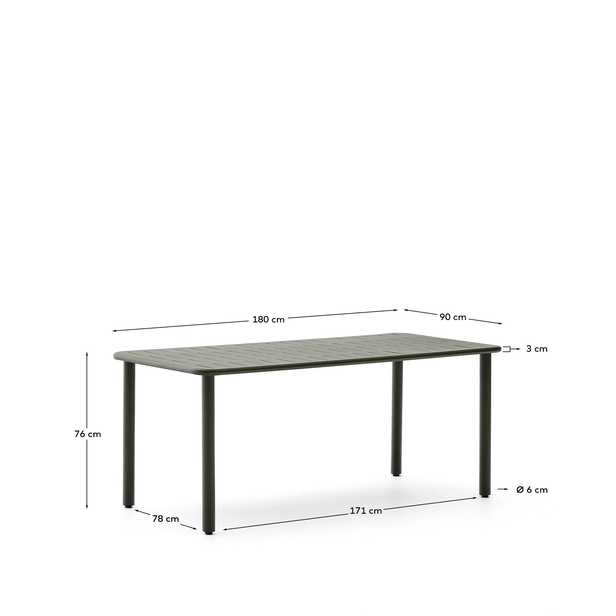Der grün verzinkte Stahl-Gartentisch Brai von Kave Home misst 180 x 90 cm und ist ideal für entspannte Stunden im Freien.