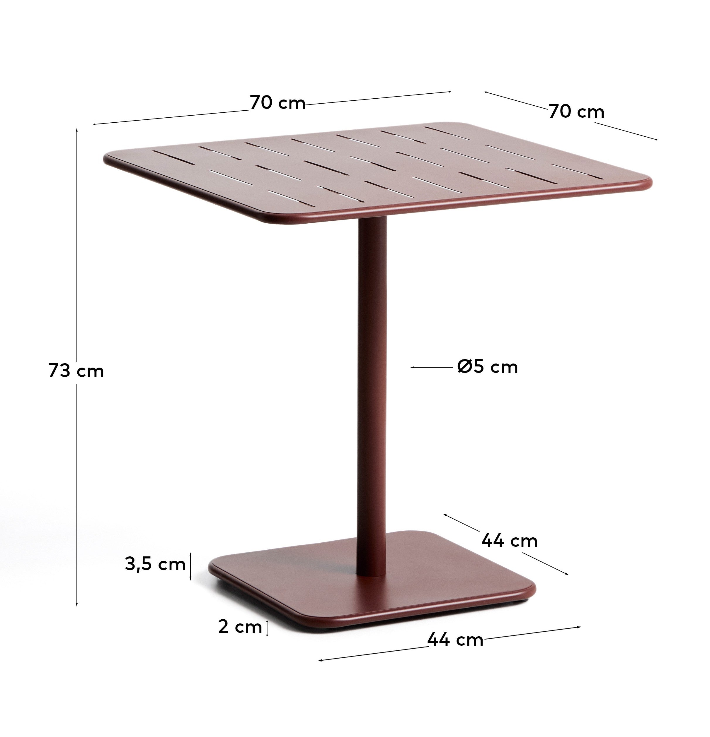 Moderner Outdoor-Tisch Brai in leuchtendem Granatrot, gefertigt aus robustem verzinktem Stahl, ideal für Garten und Terrasse, Maße 70 x 70 cm.