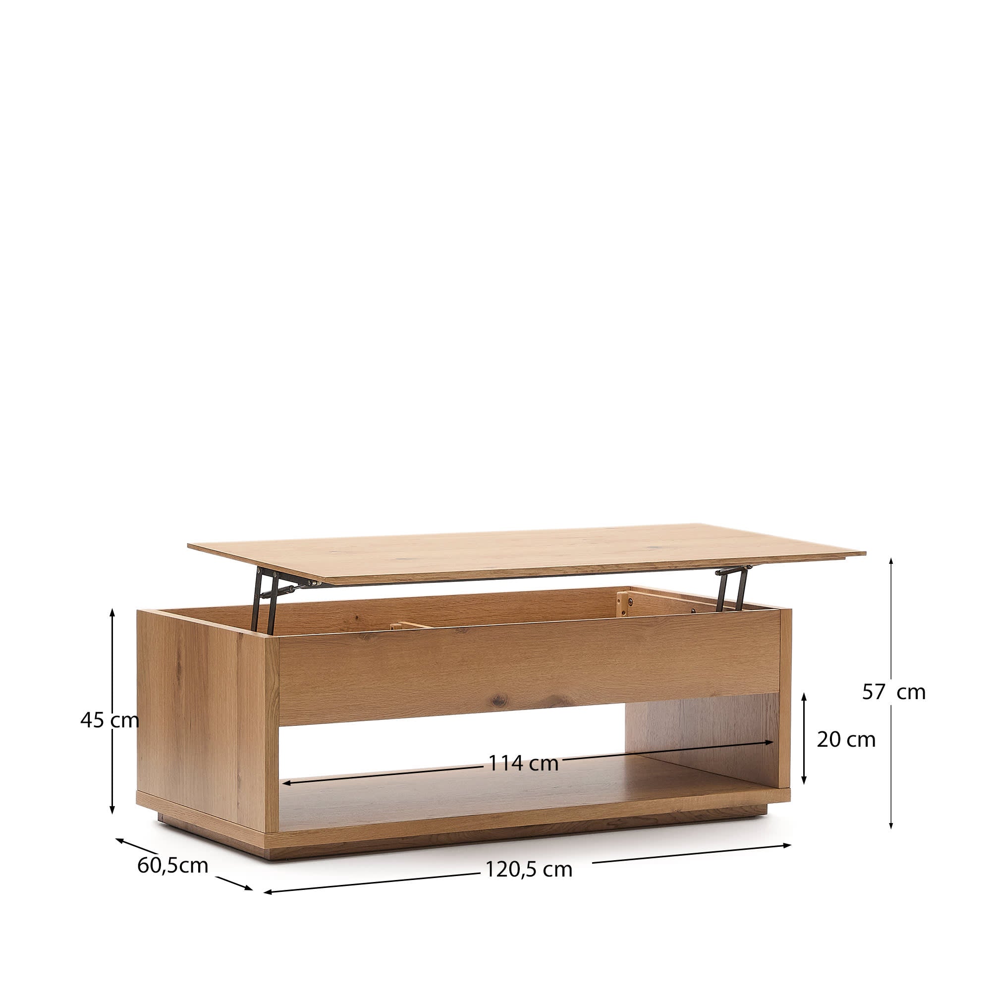 Moderner, klappbarer Couchtisch Alguema aus Eichenfurnier, 120 x 60 cm, in natürlichem Design. Ideal für vielseitige Wohnkonzepte.
