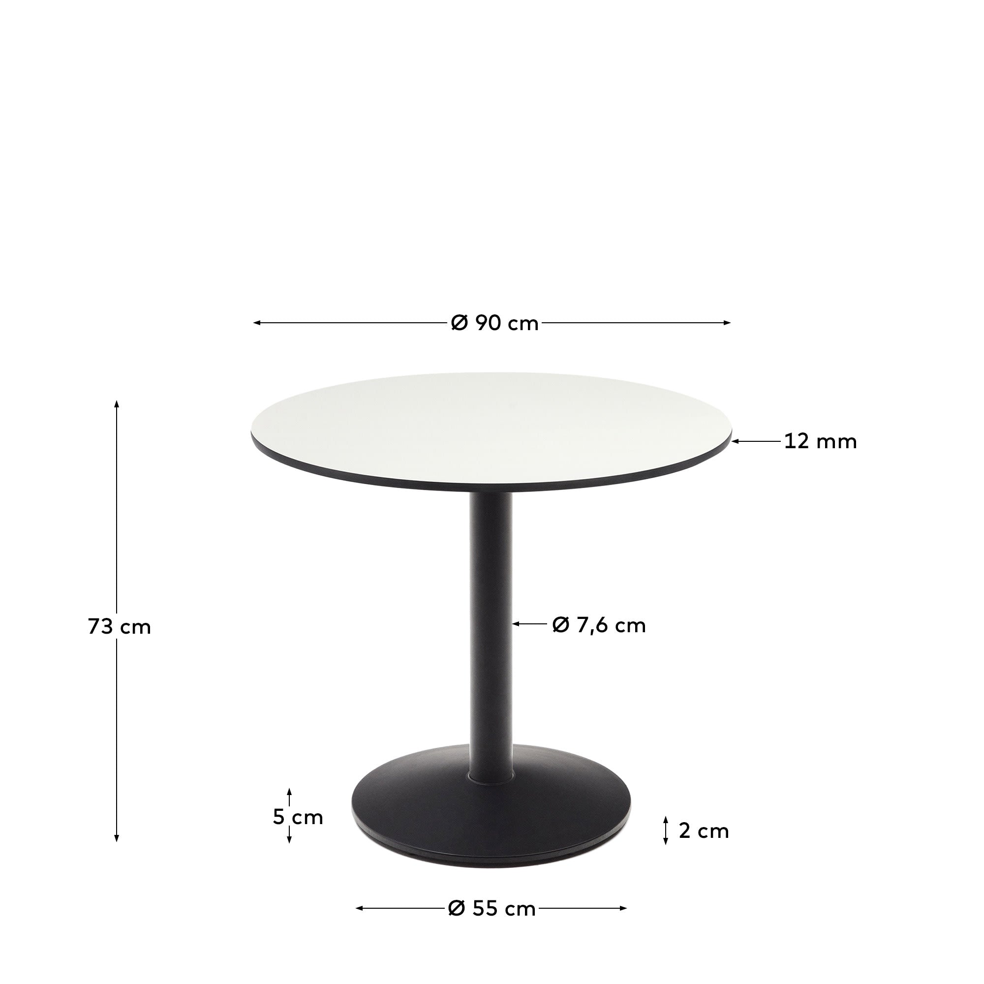 Eleganter runder Outdoor-Tisch Esilda in strahlendem Weiss mit stabilen, schwarz lackierten Metallbeinen. Perfekt für gesellige Momente im Freien, Ø 90 cm.