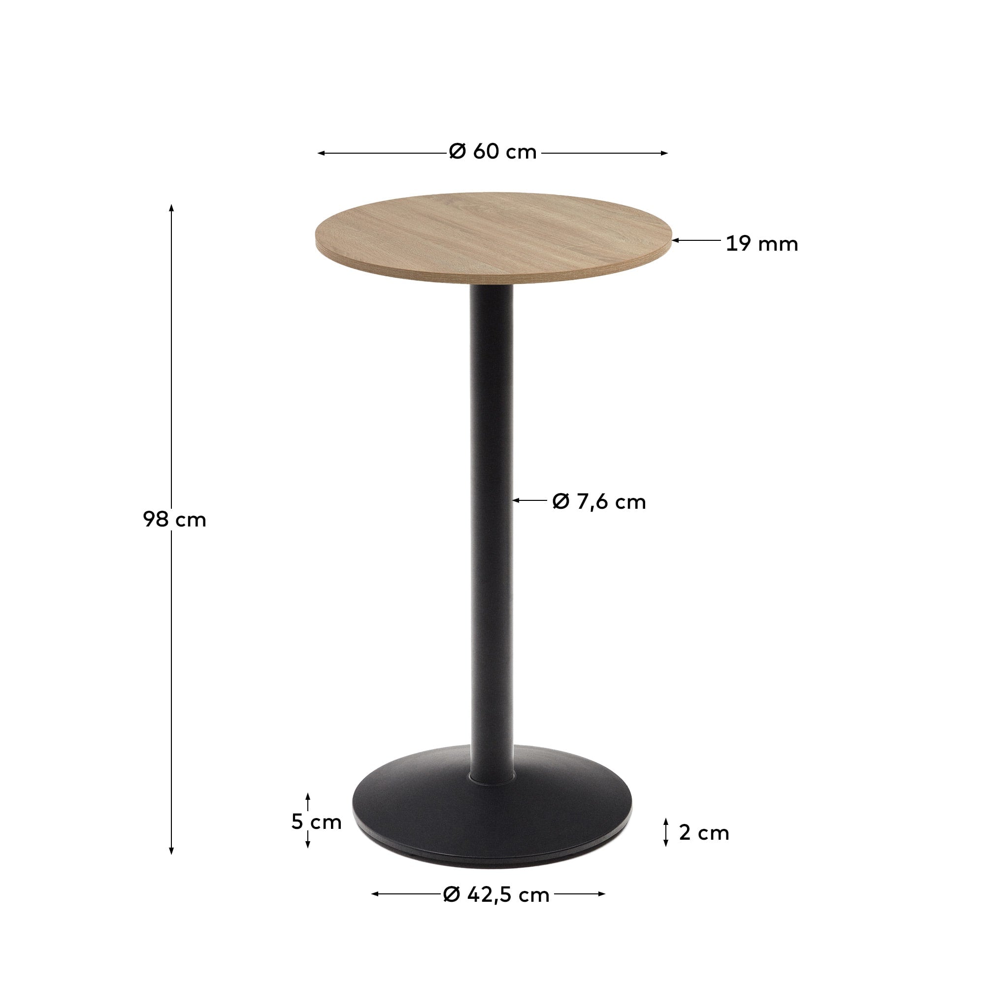 Moderner Stehtisch Esilda: Ø60x96cm, stilvolle Melamin-Oberfläche in warmen Naturtönen, stabiler schwarzer Metallfuß. Perfekt für Bars und Cafés.