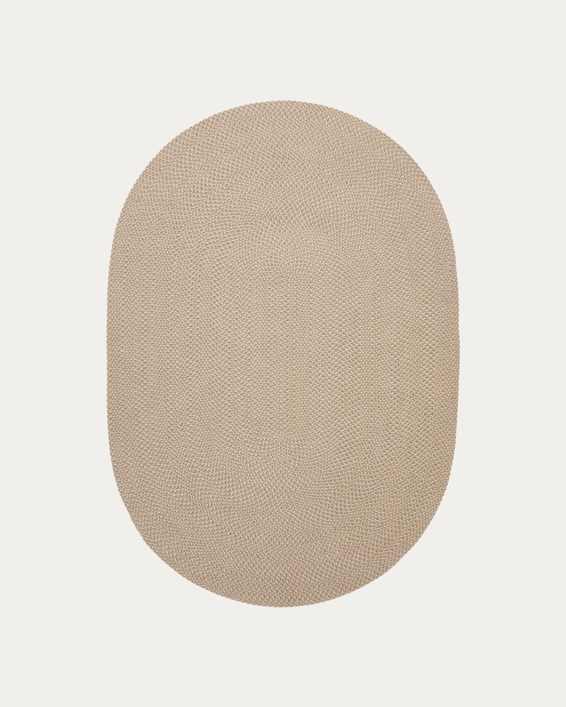Ovaler, beiger Teppich aus 100% recyceltem PET, 160x230 cm, wetterfest, ideal für Aussenbereiche.