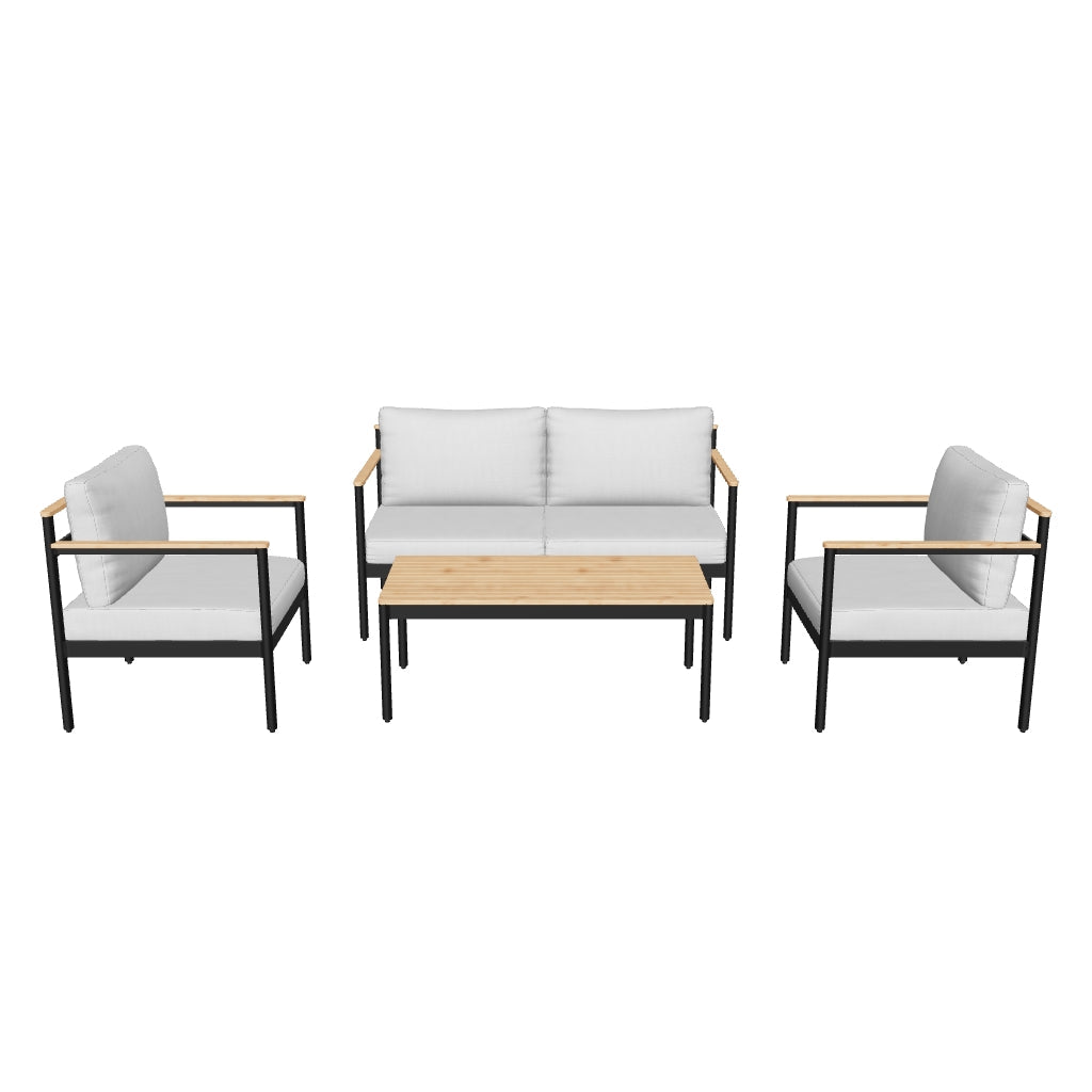 Elegantes Lounge-Set Aiguafreda: 2-Sitzer-Sofa, 2 Sessel und Couchtisch aus robustem Aluminium und nachhaltigem Akazienholz für gemütliche Outdoor-Momente.