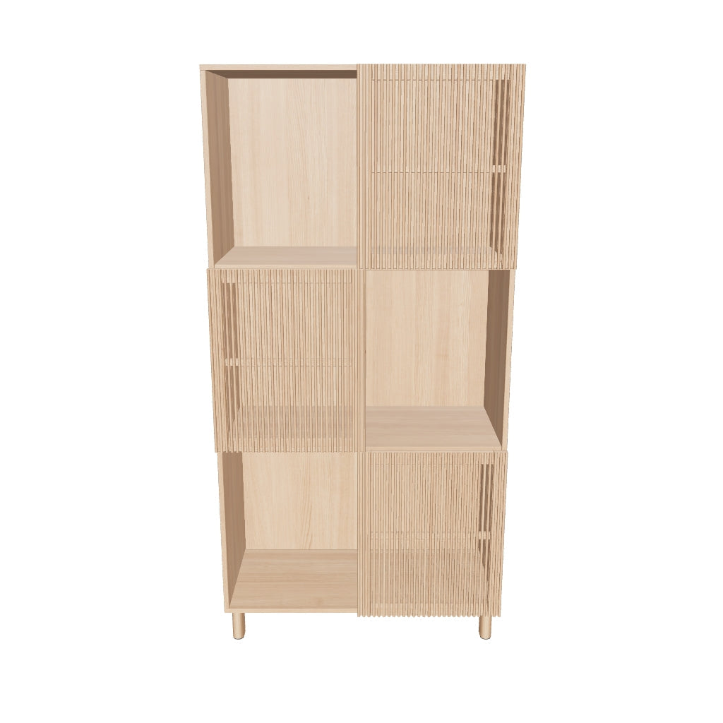 Modernes Standregal Beyla aus hochwertigem Eichenfurnier und Massivholz, 84,5 x 170 cm, ideal für stilvolle Wohnräume.