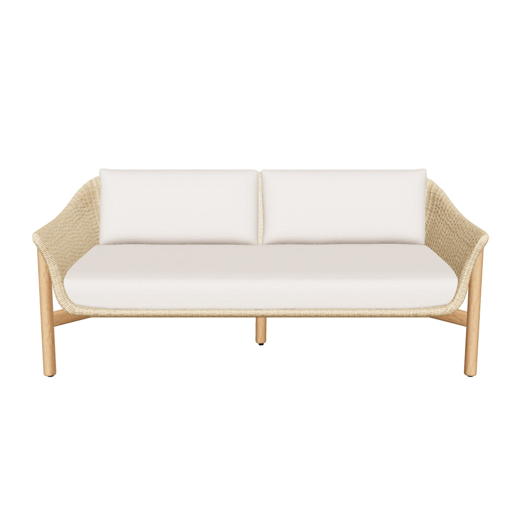 Elegantes 2-Sitzer-Sofa Galea aus hochwertigem Teakholz und langlebigem Rattan, ideal für gemütliche Stunden im Innen- und Außenbereich.