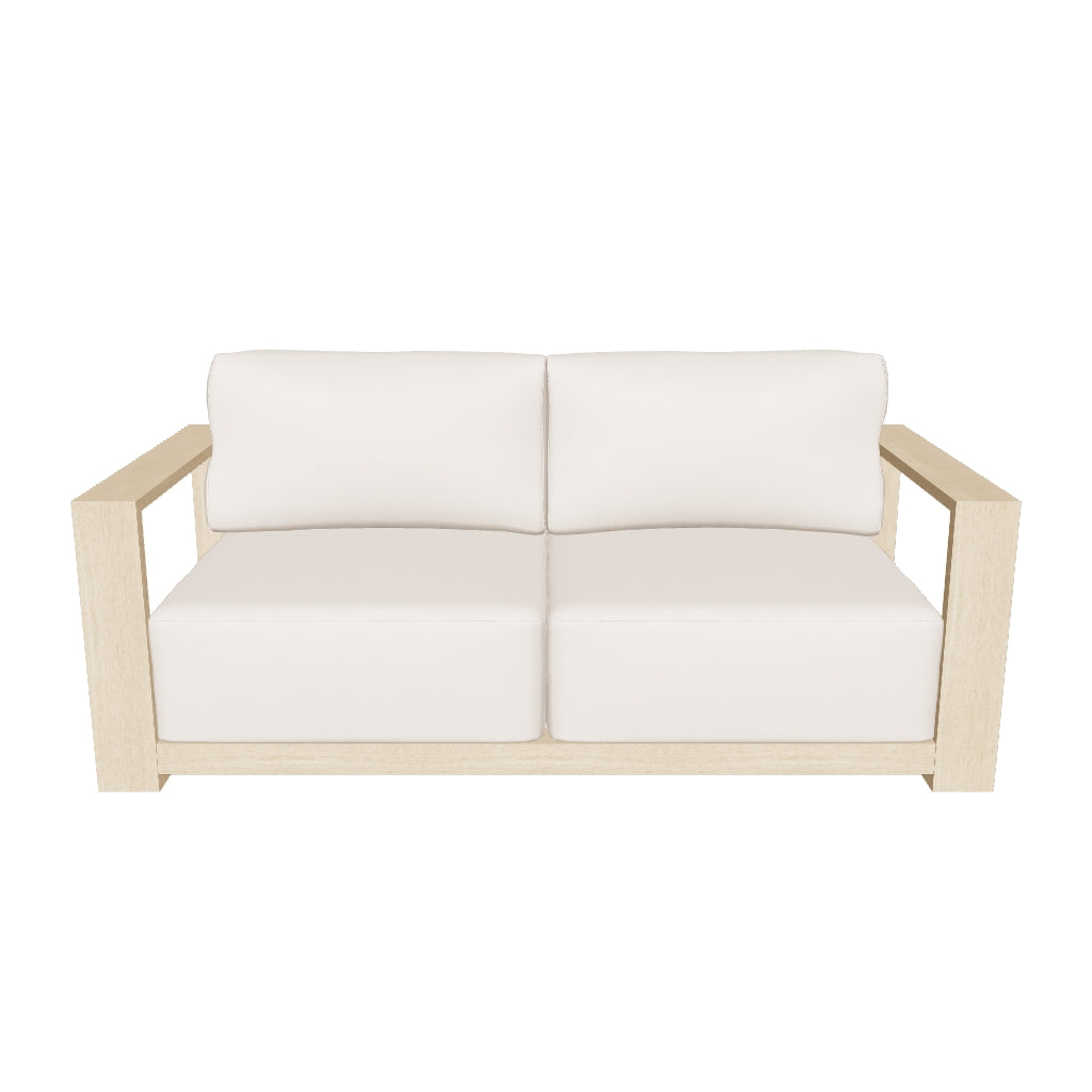 Entdecken Sie das elegante 2-Sitzer-Sofa Ambra, gefertigt aus FSC-zertifiziertem Akazienholz mit einem modernen, hellen Finish.